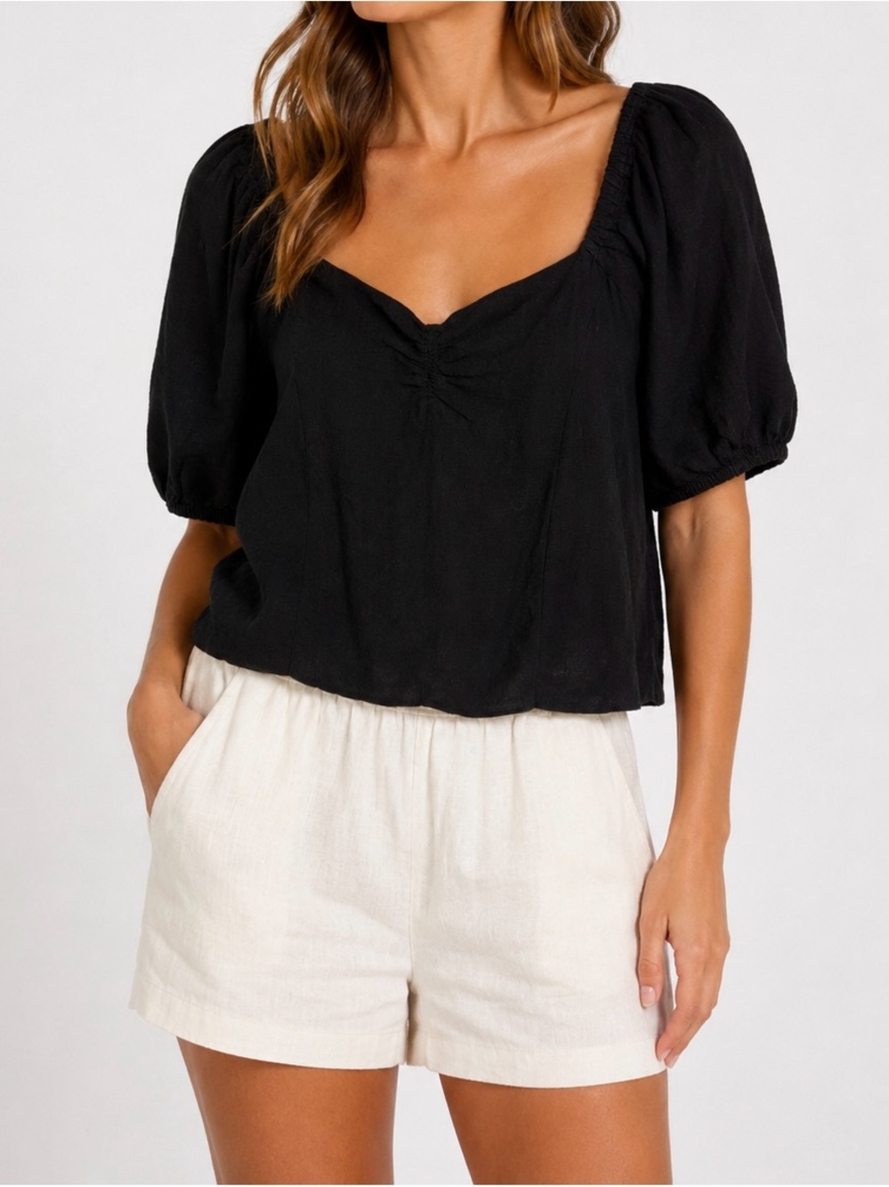 H&M Black Puff-Sleeve Square-Neck Top linen blend